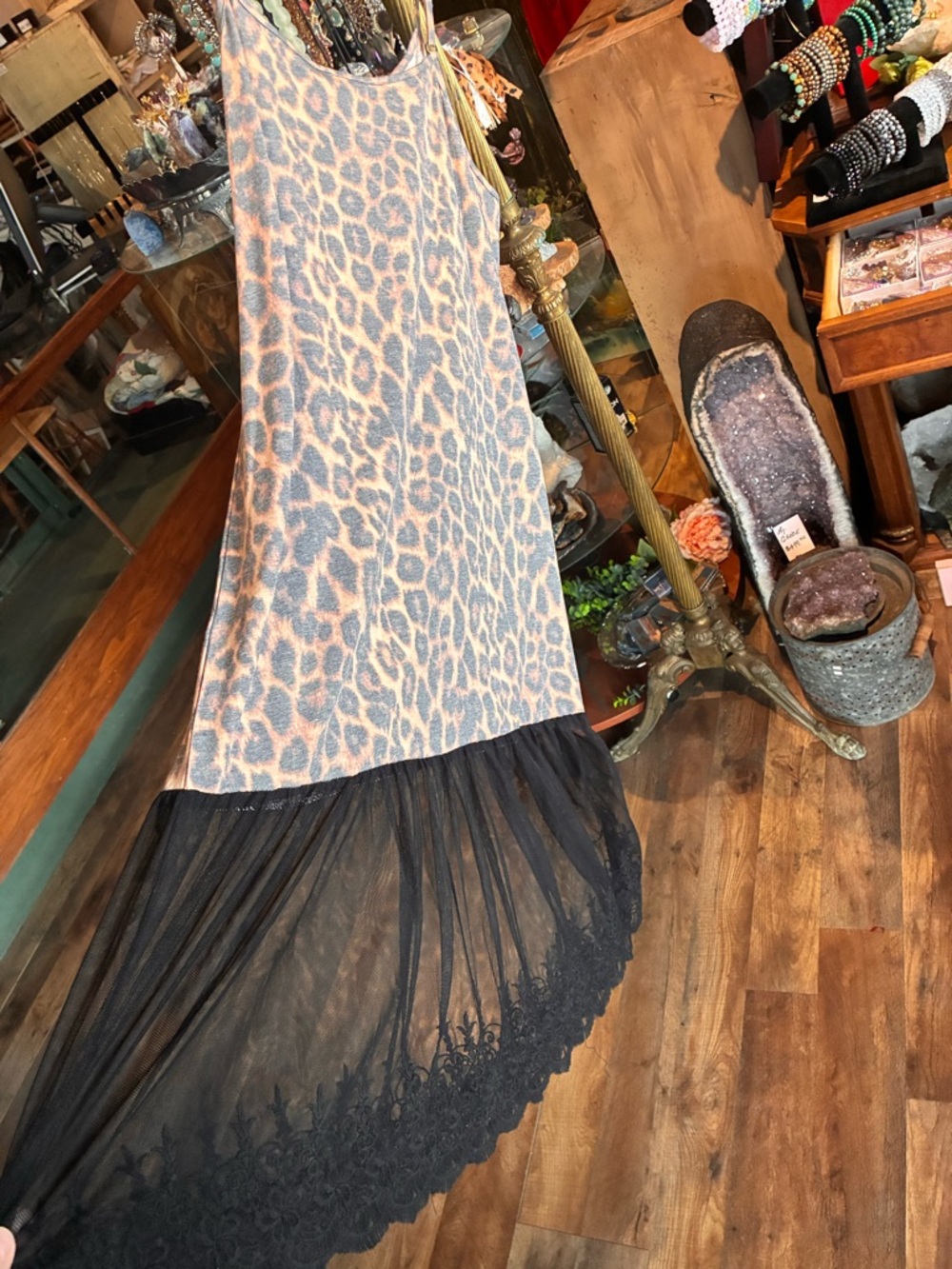 Lucky & Blessed Leopard Print Mini Dress with Black Sheer Hem - Picture 3 of 5
